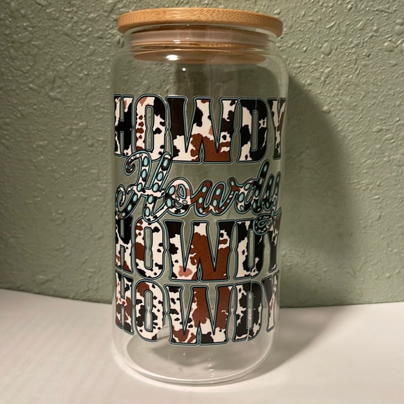 Howdy cow print glass cup - Picture 1 of 3